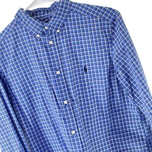 Ralph Lauren Boys  Blue Plaid Button Down Shirt Natural Stretch XL 18 20 Preppy